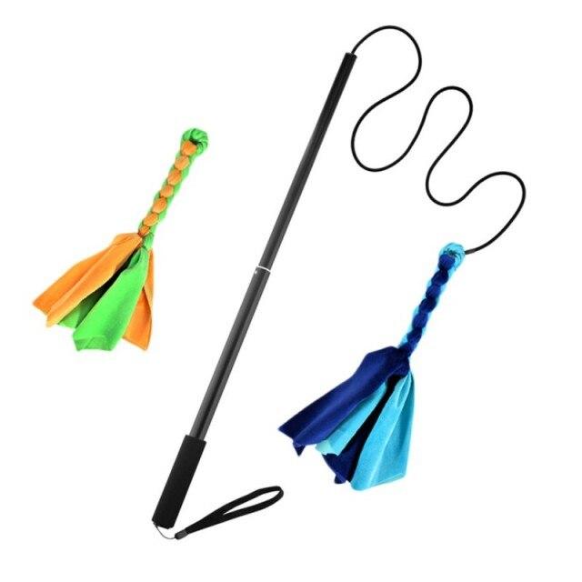 Interactive Dog Cat Feather Toy featuring colorful feathers on a plastic wand, designed for playful engagement with pets.