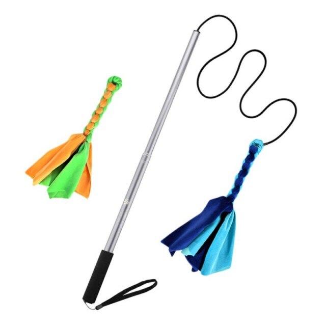 Interactive Dog Cat Feather Toy featuring colorful feathers on a plastic wand, designed for playful engagement with pets.