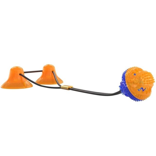Interactive pet toys featuring suction cup push ball design for cats and dogs, made of durable rubber with elastic ropes for chewing and dental cleaning.