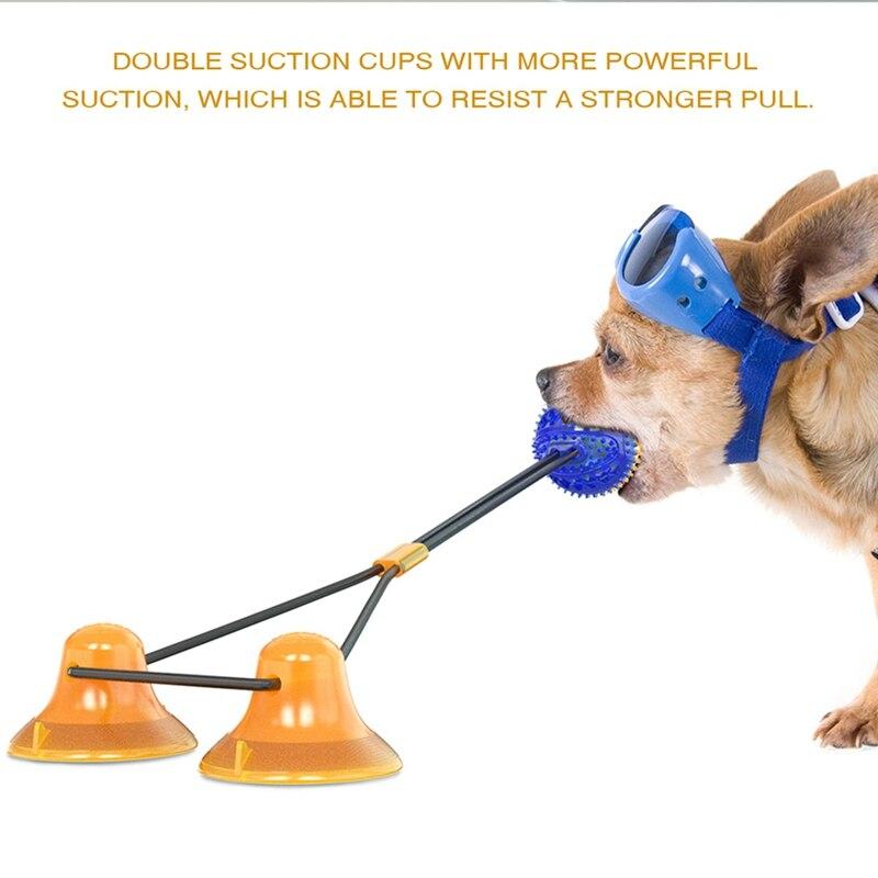 Interactive pet toys featuring suction cup push ball design for cats and dogs, made of durable rubber with elastic ropes for chewing and dental cleaning.