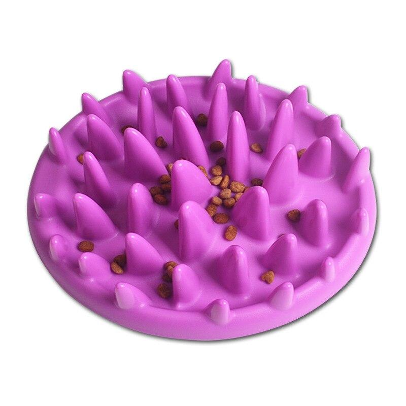 Interactive Silicone Cats Feeder Pet Food Bowl in purple, designed for slow feeding and mental stimulation, featuring anti-slip pads.