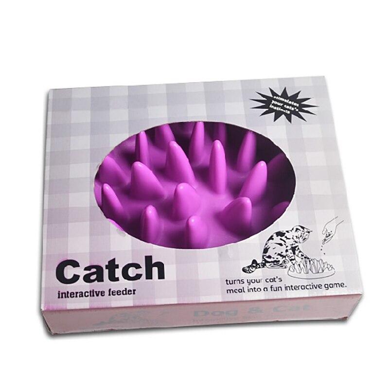 Interactive Silicone Cats Feeder Pet Food Bowl in purple, designed for slow feeding and mental stimulation, featuring anti-slip pads.