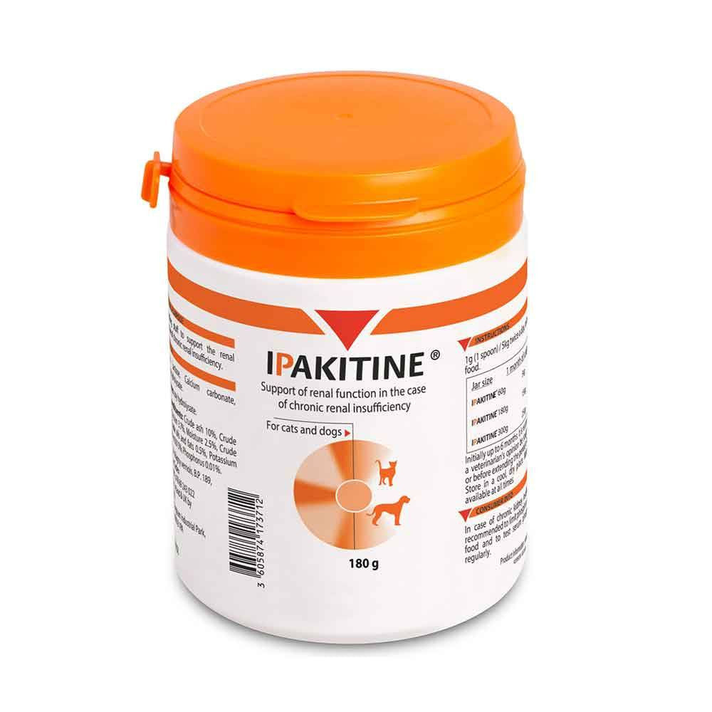 Ipakitine supplement for dogs and cats in a container, showcasing its powdery texture and packaging design.