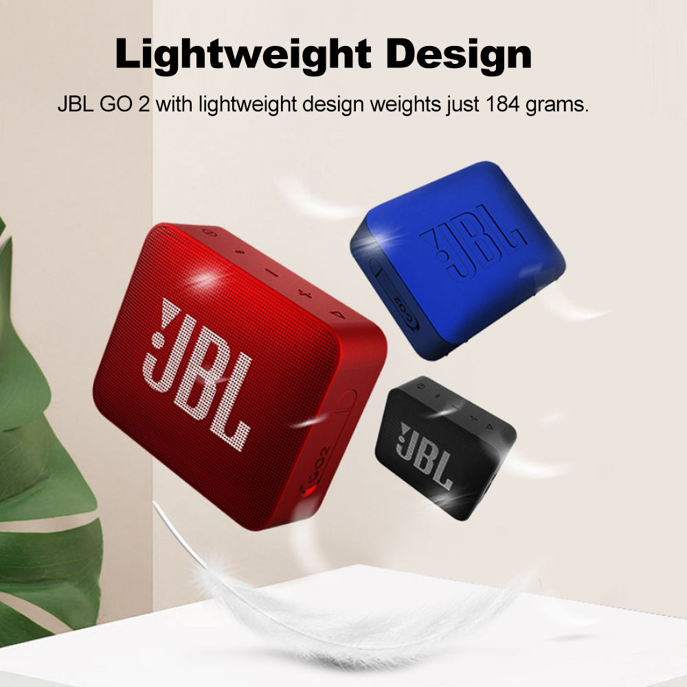 JBL GO2 Bluetooth speaker in various colors, showcasing its waterproof design and compact size, perfect for outdoor use.