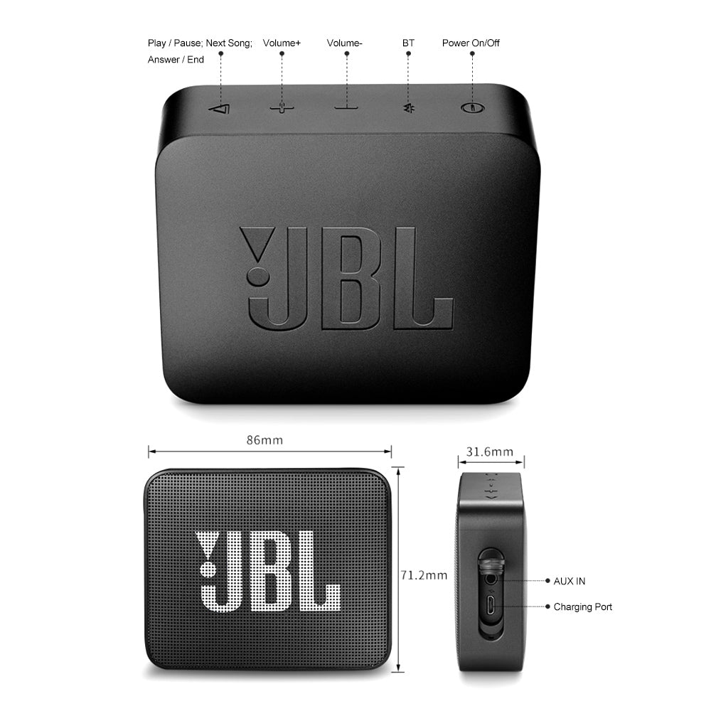 JBL GO2 Bluetooth speaker in various colors, showcasing its waterproof design and compact size, perfect for outdoor use.