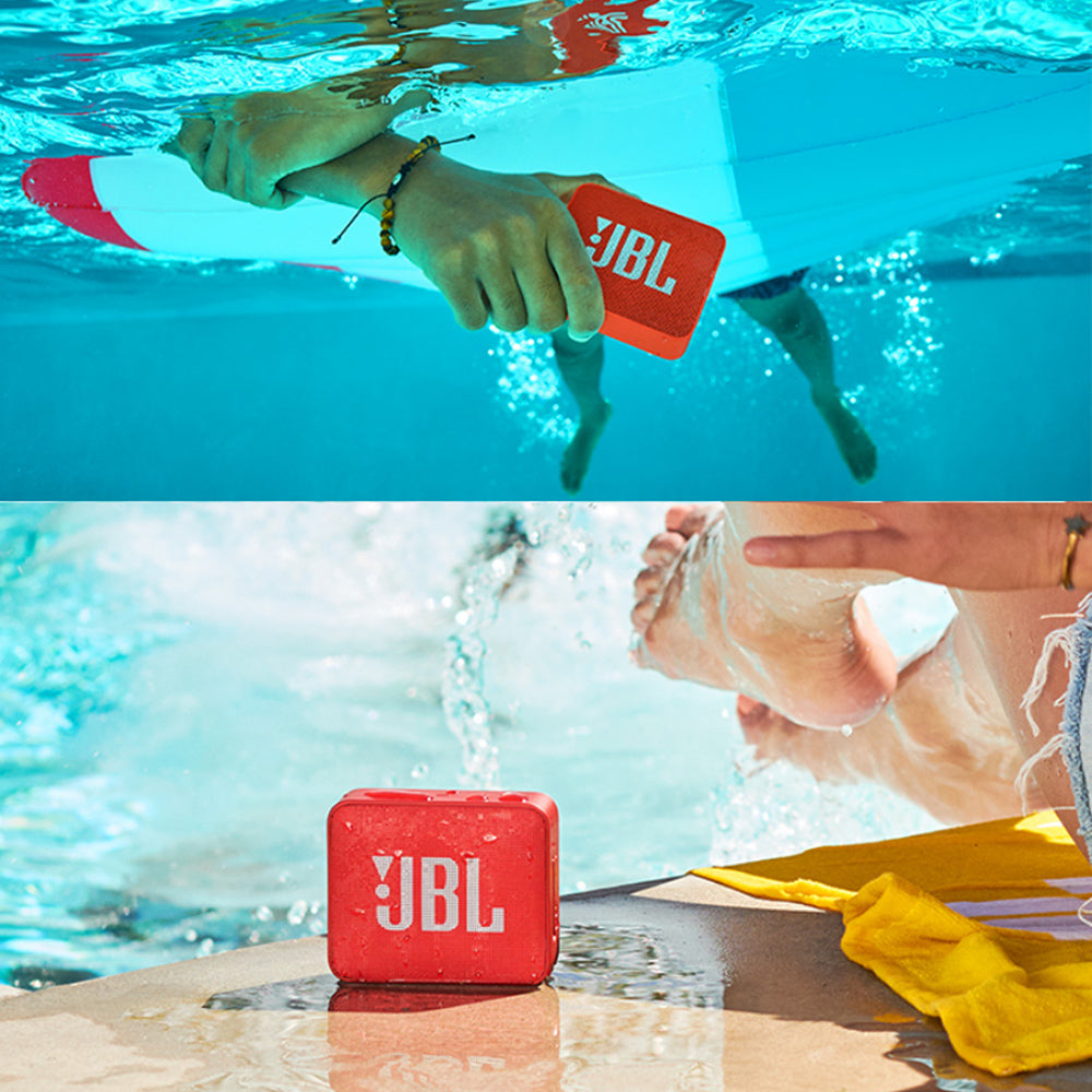 JBL GO2 Bluetooth speaker in vibrant colors, showcasing its waterproof design and compact size, perfect for outdoor use.