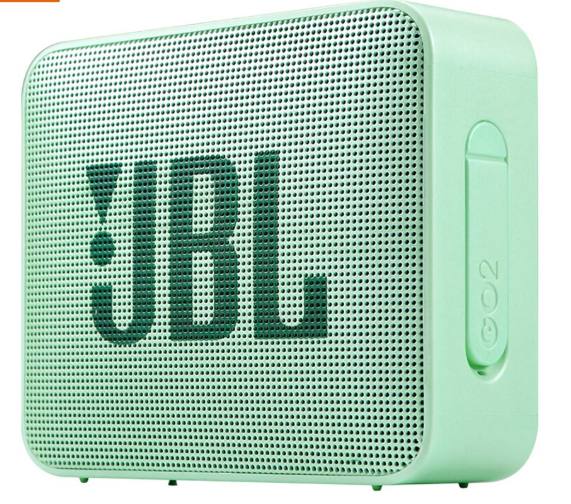 JBL GO2 Bluetooth speaker in vibrant colors, showcasing its waterproof design and compact size, perfect for outdoor use.