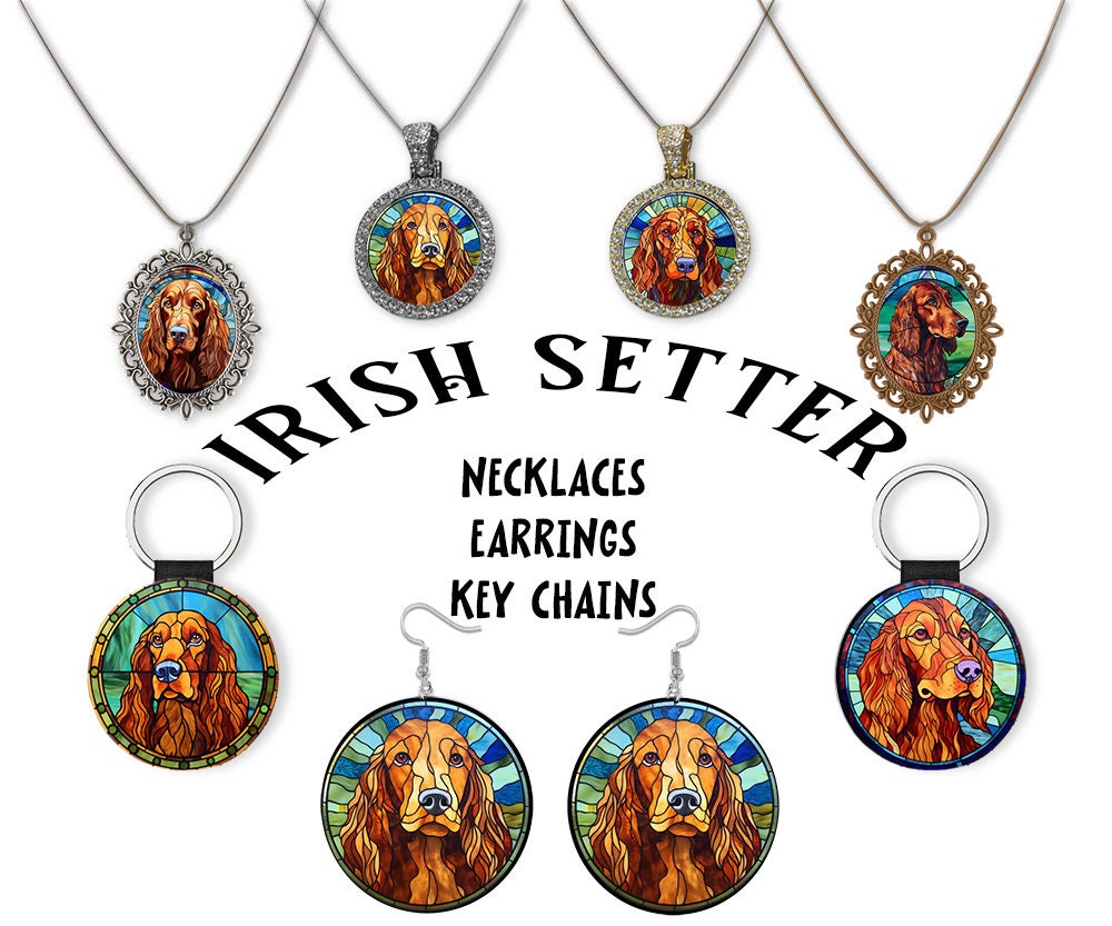 Stained glass style jewelry featuring Irish Setter designs in silver and gold finishes, including necklaces and earrings.
