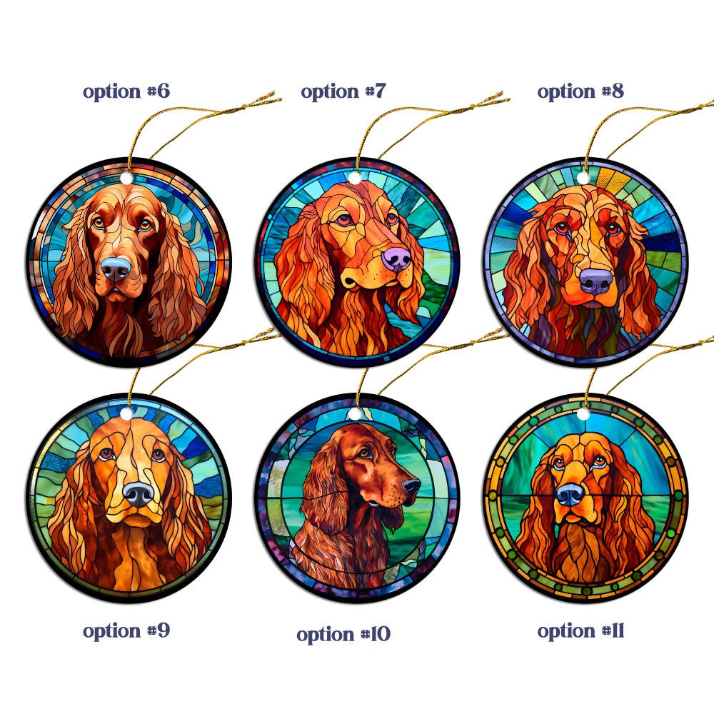 Stained glass style jewelry featuring Irish Setter designs in silver and gold finishes, including necklaces and earrings.