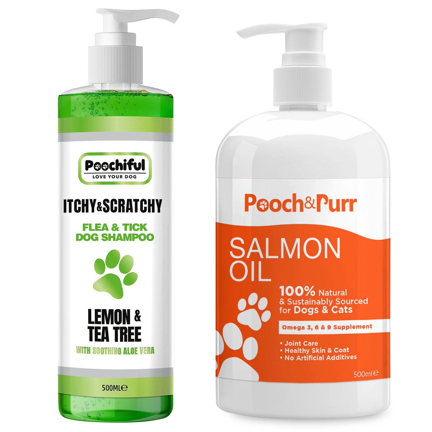 Itchy & Scratchy 500ml bottle alongside Pooch And Purr Salmon Oil 500ml bottle, both designed for pet skin health.