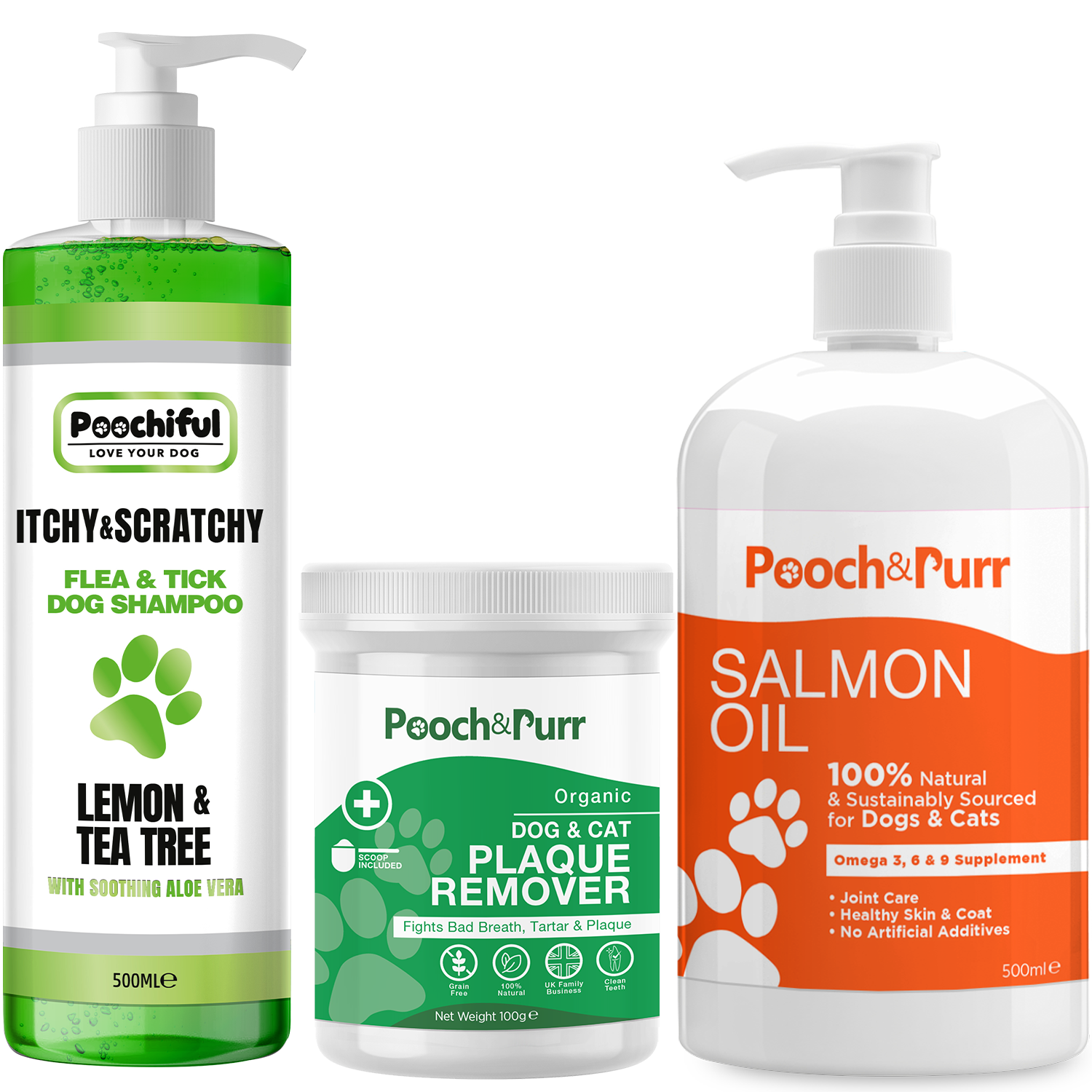 Itchy & Scratchy grooming bundle including shampoo, salmon oil, and plaque remover for dogs.