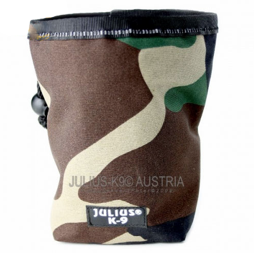 Julius-K9 Dog Treat Pouch in camouflage design, featuring a secure drawstring closure, ideal for training and walks.