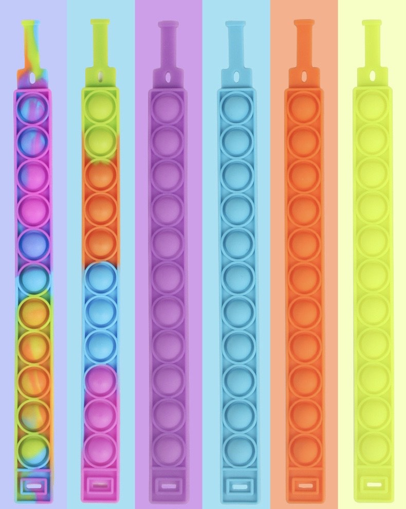 A colorful Jumbo Push Pop Fidget Sensory Bracelet showcasing its large bubbles and durable silicone material, perfect for stress relief and fun.
