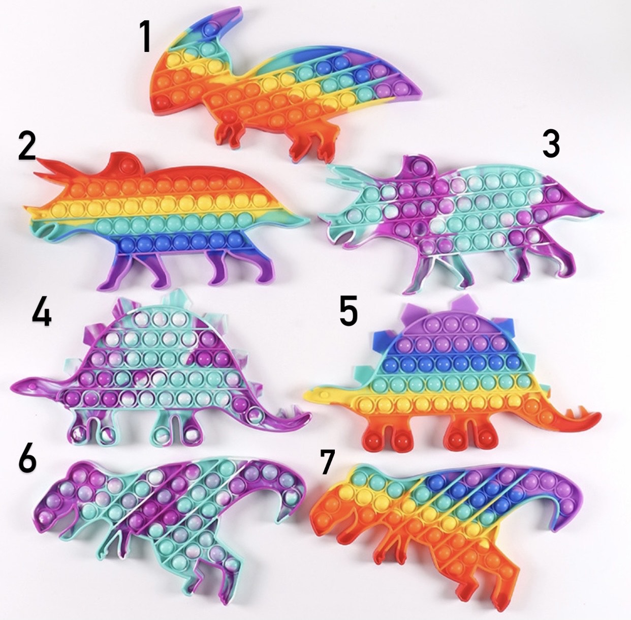 A colorful Jumbo Push Pop Fidget Toy shaped like dinosaurs, made from durable silicone, showcasing its popping bubbles.