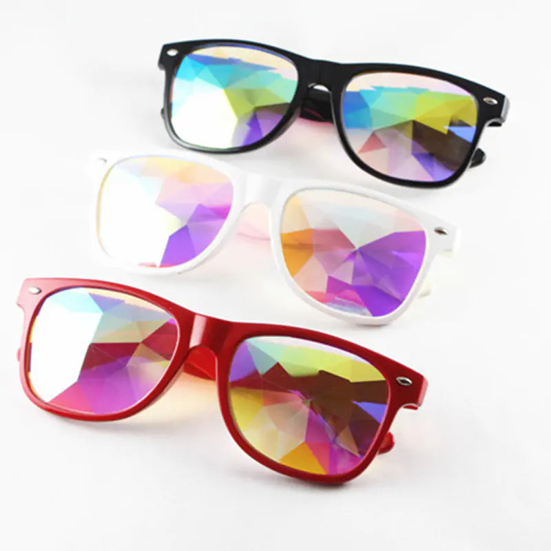 Colorful Kaleidoscope Sunglasses with vibrant lens design and lightweight plastic frame, perfect for parties.