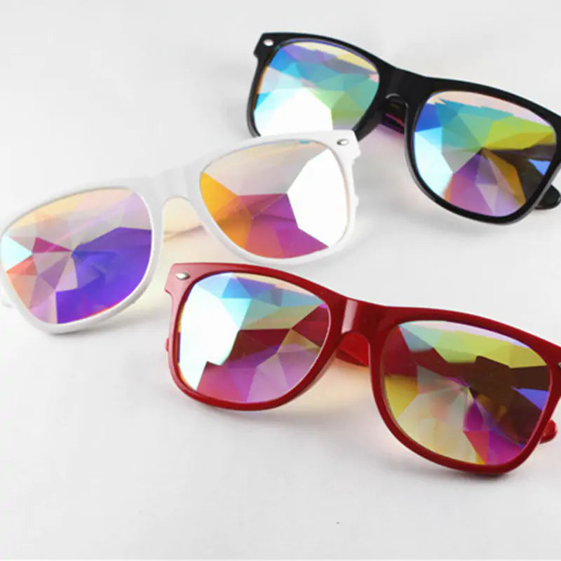 Colorful Kaleidoscope Sunglasses with vibrant lens design and lightweight plastic frame, perfect for parties.