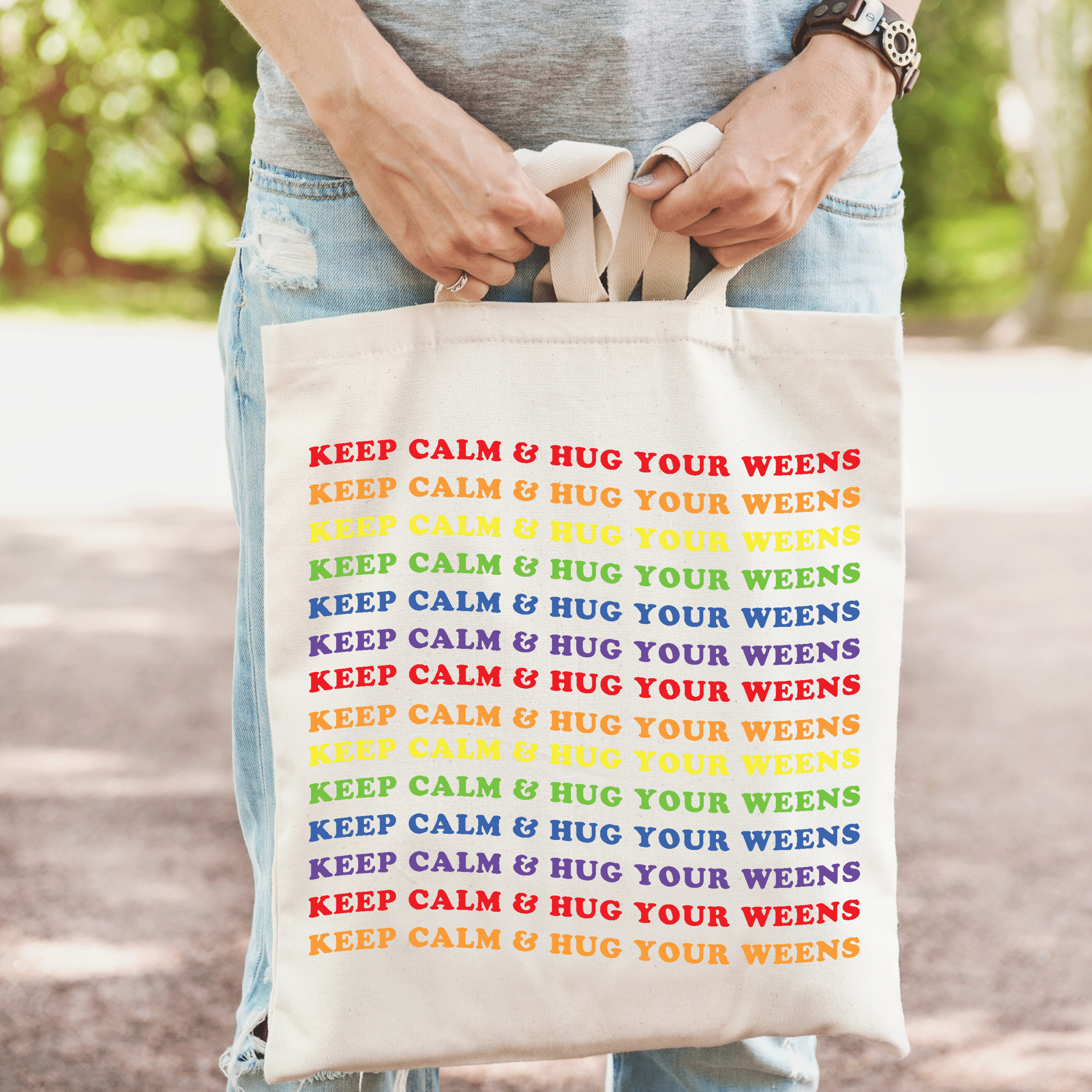 Colorful Keep Calm Wiener Dog Tote bag, handmade and eco-friendly, featuring a unique design perfect for dog lovers.