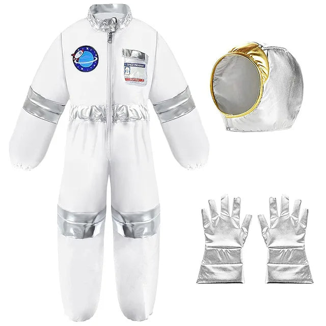Kids Astronaut Halloween Costume Set featuring a realistic jumpsuit and helmet, perfect for young space explorers.