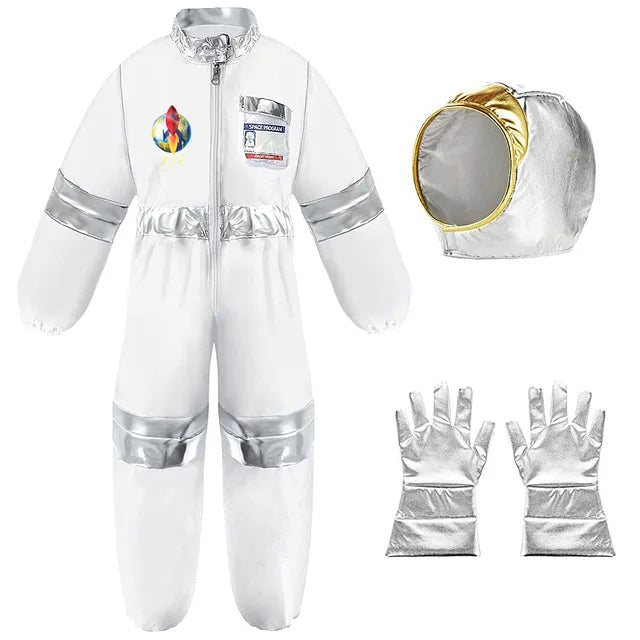Kids Astronaut Halloween Costume Set featuring a realistic jumpsuit and helmet, perfect for young space explorers.