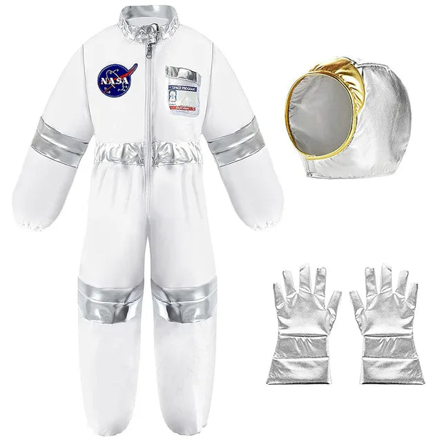 Kids Astronaut Halloween Costume Set featuring a realistic jumpsuit and helmet, perfect for young space explorers.