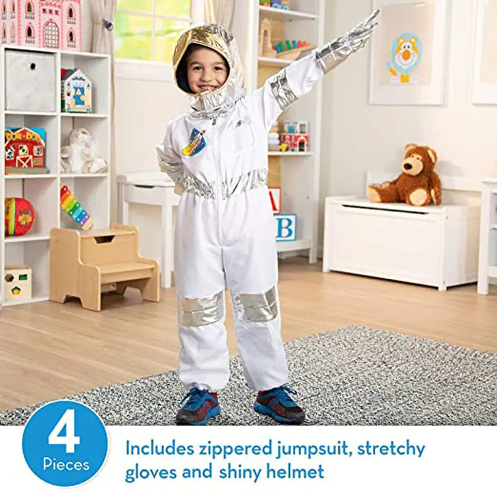 Kids Astronaut Halloween Costume Set featuring a realistic jumpsuit and helmet, perfect for young space explorers.
