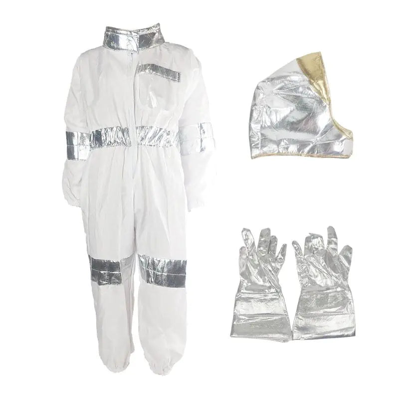 Kids Astronaut Halloween Costume Set featuring a realistic jumpsuit and helmet, perfect for young space explorers.