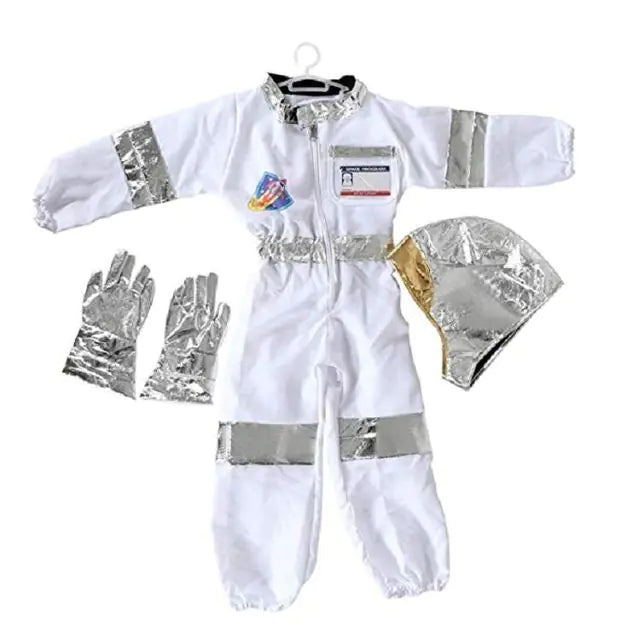 Kids Astronaut Halloween Costume Set featuring a realistic jumpsuit and helmet, perfect for young space explorers.