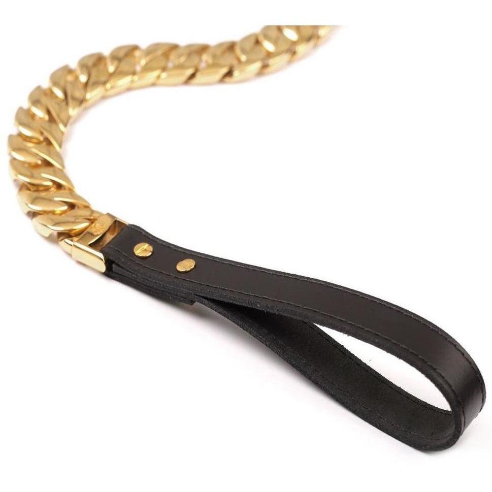 Kilo Cuban Link Dog Leash in 14K gold plating, showcasing a chunky, high-polish design made from marine-grade steel.