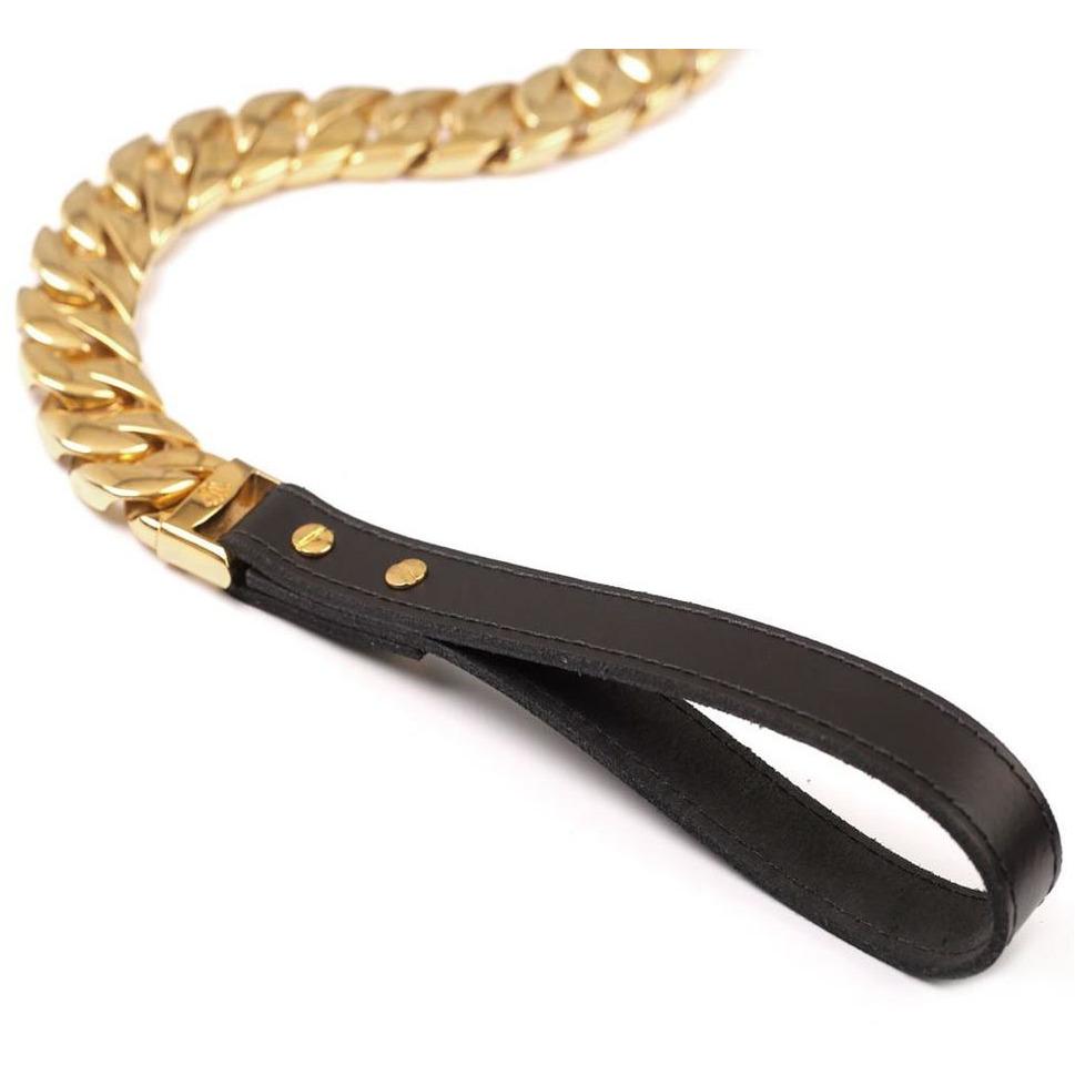 Kilo Cuban Link Dog Leash made of 14K gold-plated marine-grade steel, showcasing a luxurious and chunky design.