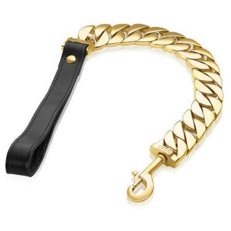 Kilo Cuban Link Dog Leash made of 14K gold-plated marine-grade steel, showcasing a luxurious and chunky design.