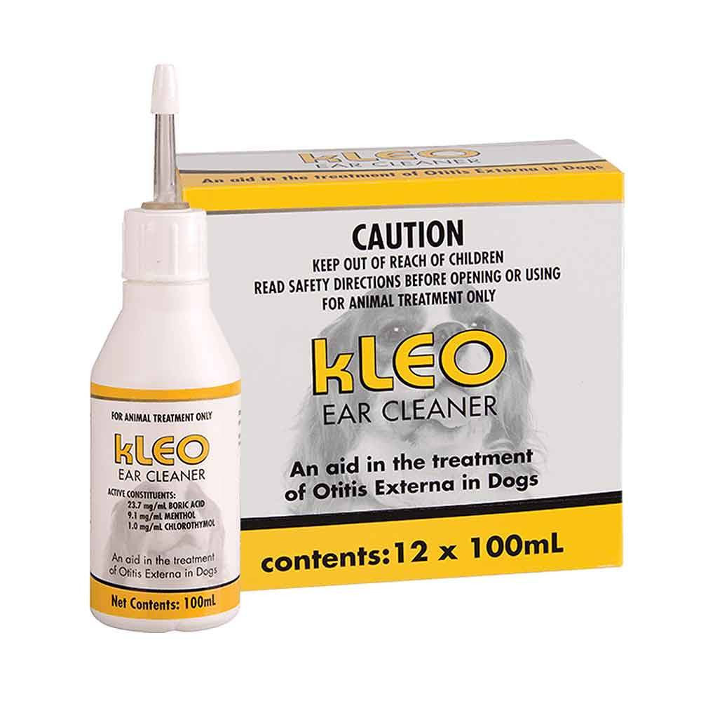 Kleo Ear Cleaner 100ml bottle with flexible applicator for dog ear hygiene.