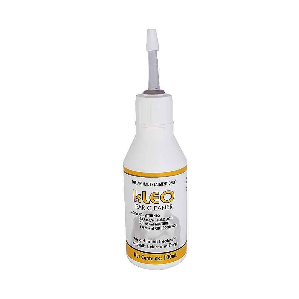 Kleo Ear Cleaner 100ml bottle with flexible applicator for dog ear hygiene.