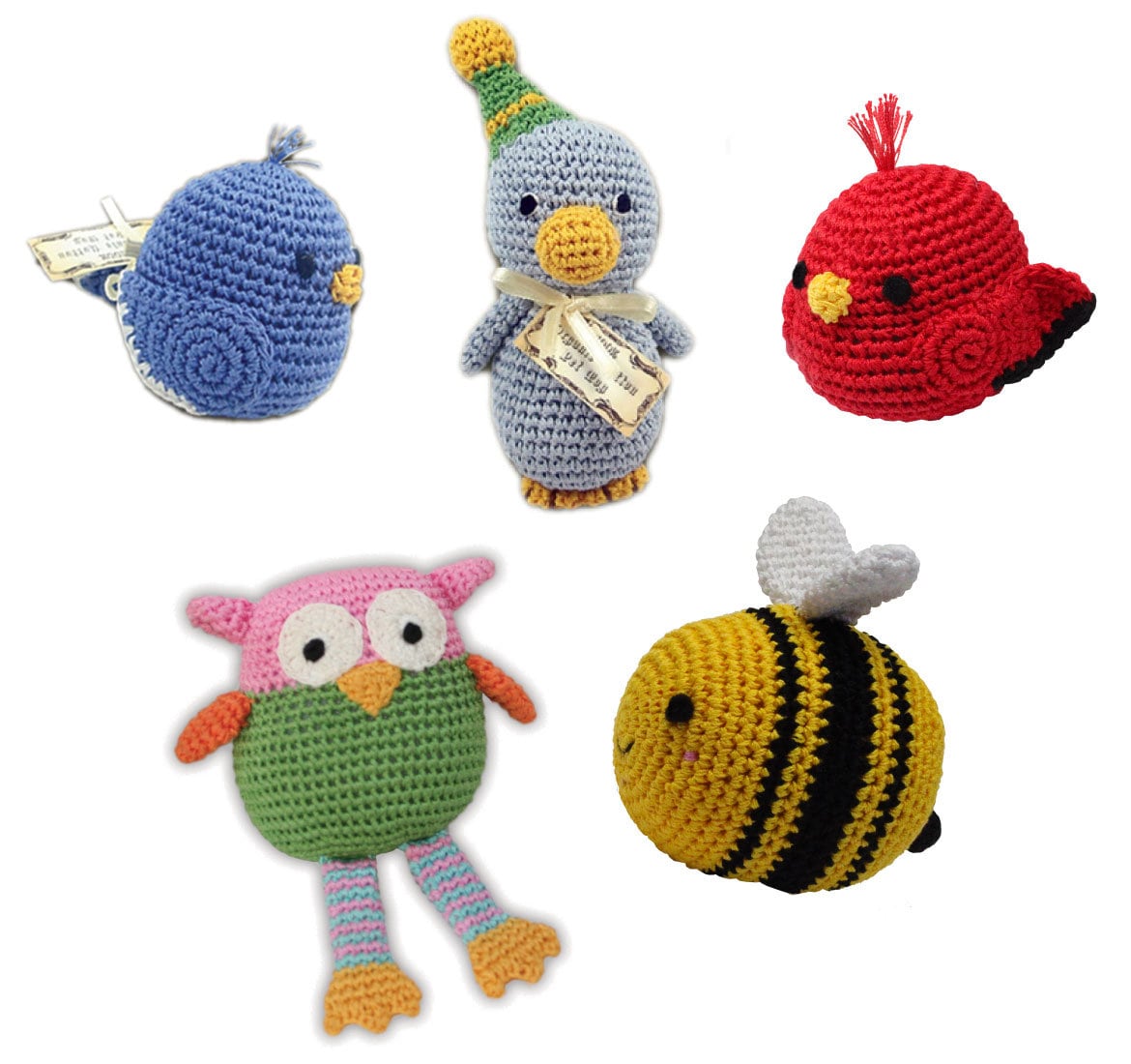 Knit Knacks Organic Cotton Pet and Dog Toys featuring colorful birds and bees, perfect for small dogs.
