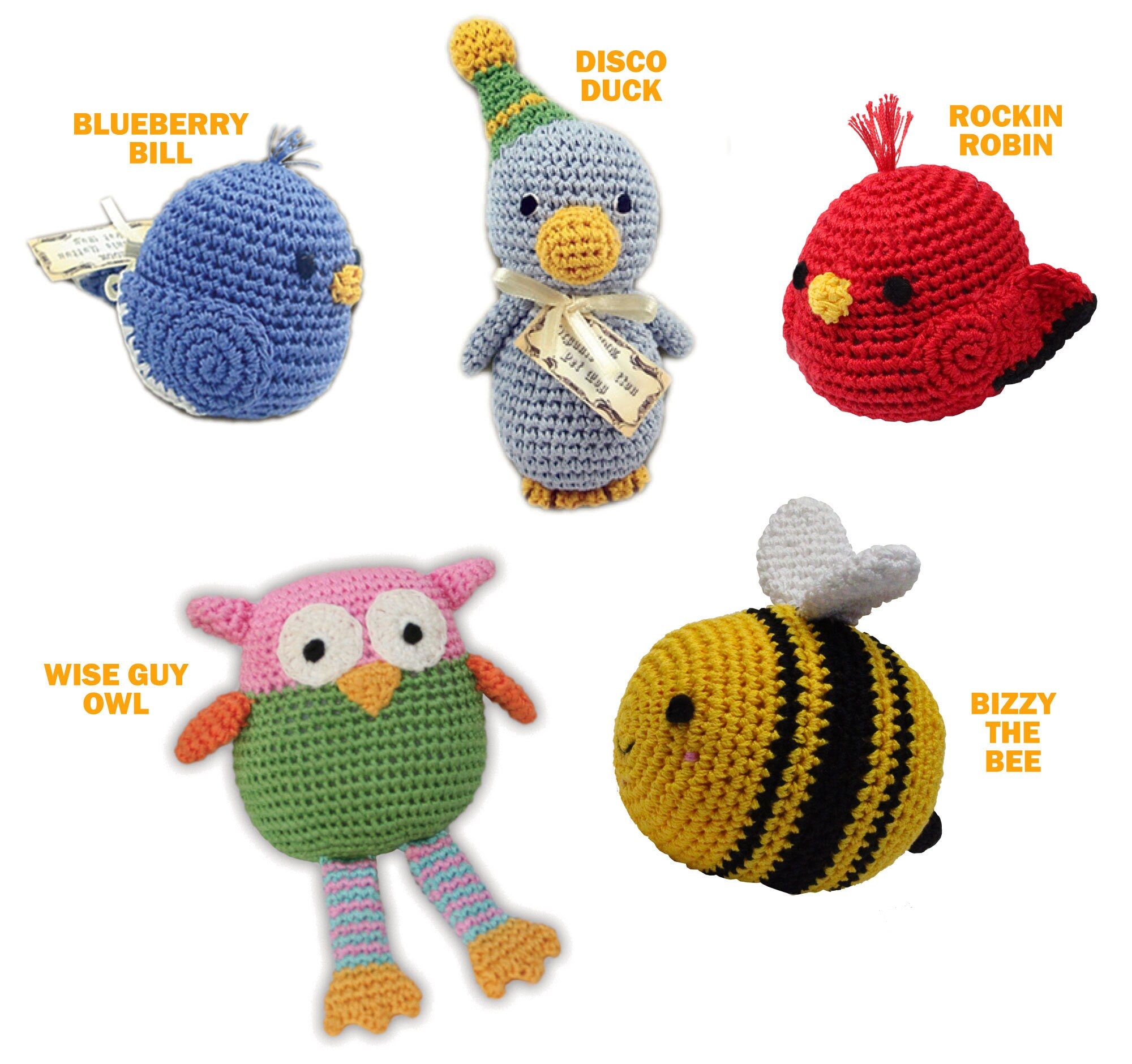 Knit Knacks Organic Cotton Pet and Dog Toys featuring colorful birds and bees, perfect for small dogs.