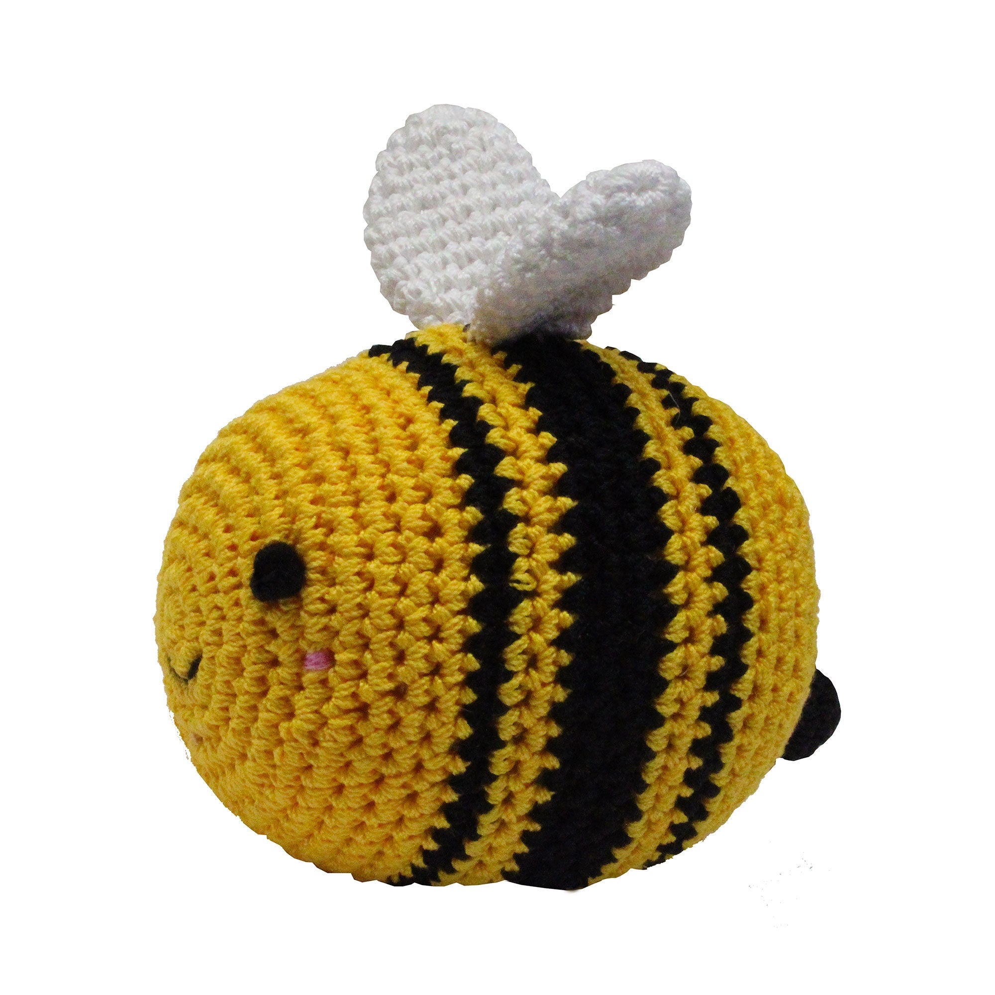 Knit Knacks Organic Cotton Pet Toy, 'Bizzy The Bee', a small crocheted bee toy made from 100% organic cotton, perfect for small dogs.