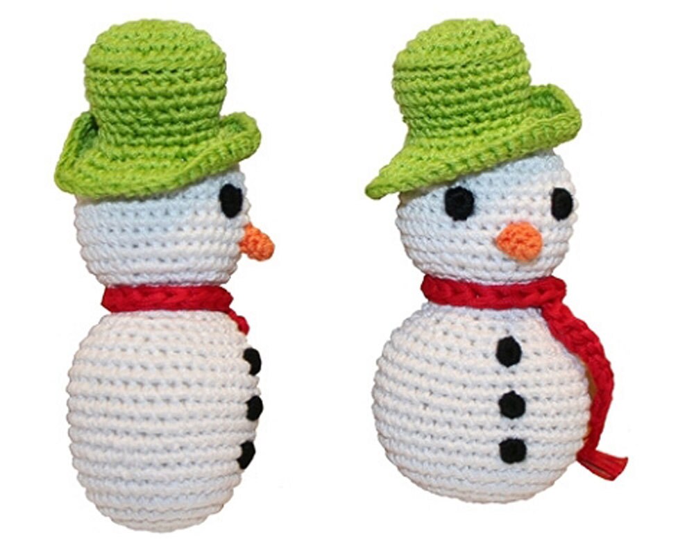 Knit Knacks Organic Cotton Pet Toy, Frost The Snowman, crocheted design for small dogs and cats, eco-friendly and handmade.