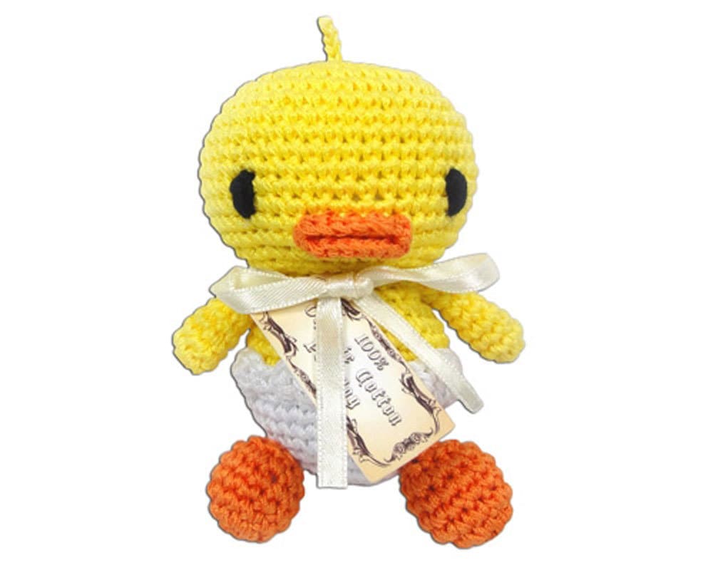 Knit Knacks Organic Cotton Pet Toy in the shape of a baby duck, crocheted with vibrant colors, perfect for small dogs and cats.