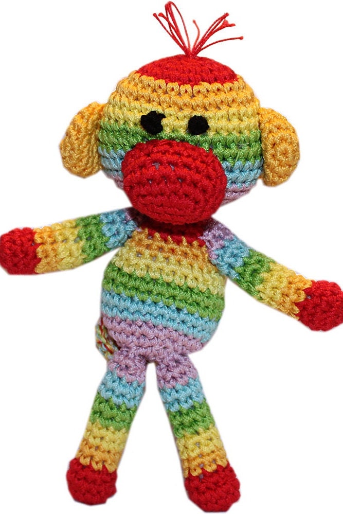 Knit Knacks Organic Cotton Pet Toy, Rizzo The Rainbow Monkey, crocheted design in vibrant colors, perfect for small dogs and cats.