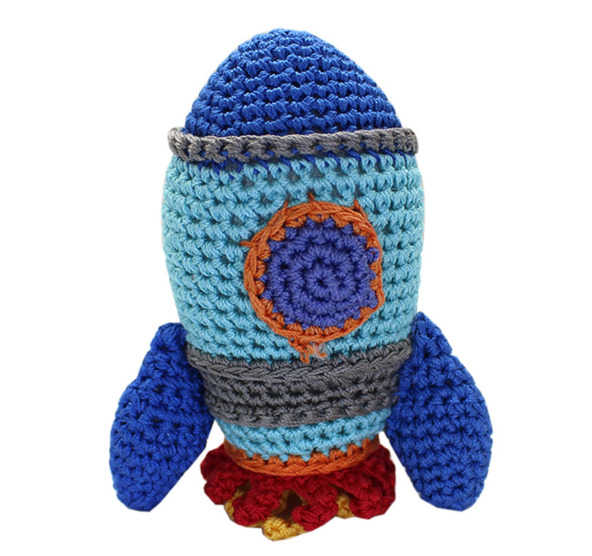 Knit Knacks Organic Cotton Pet Toy in the shape of a rocket ship, designed for small dogs and cats, showcasing vibrant colors and a crocheted texture.