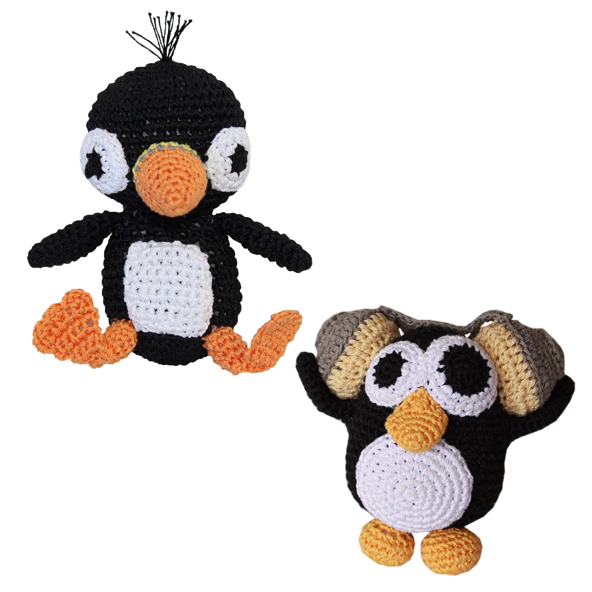 Knit Knacks Organic Cotton Pet Toy in Puffin and Hipster Penguin designs, perfect for small to medium dogs, showcasing their soft texture and vibrant colors.