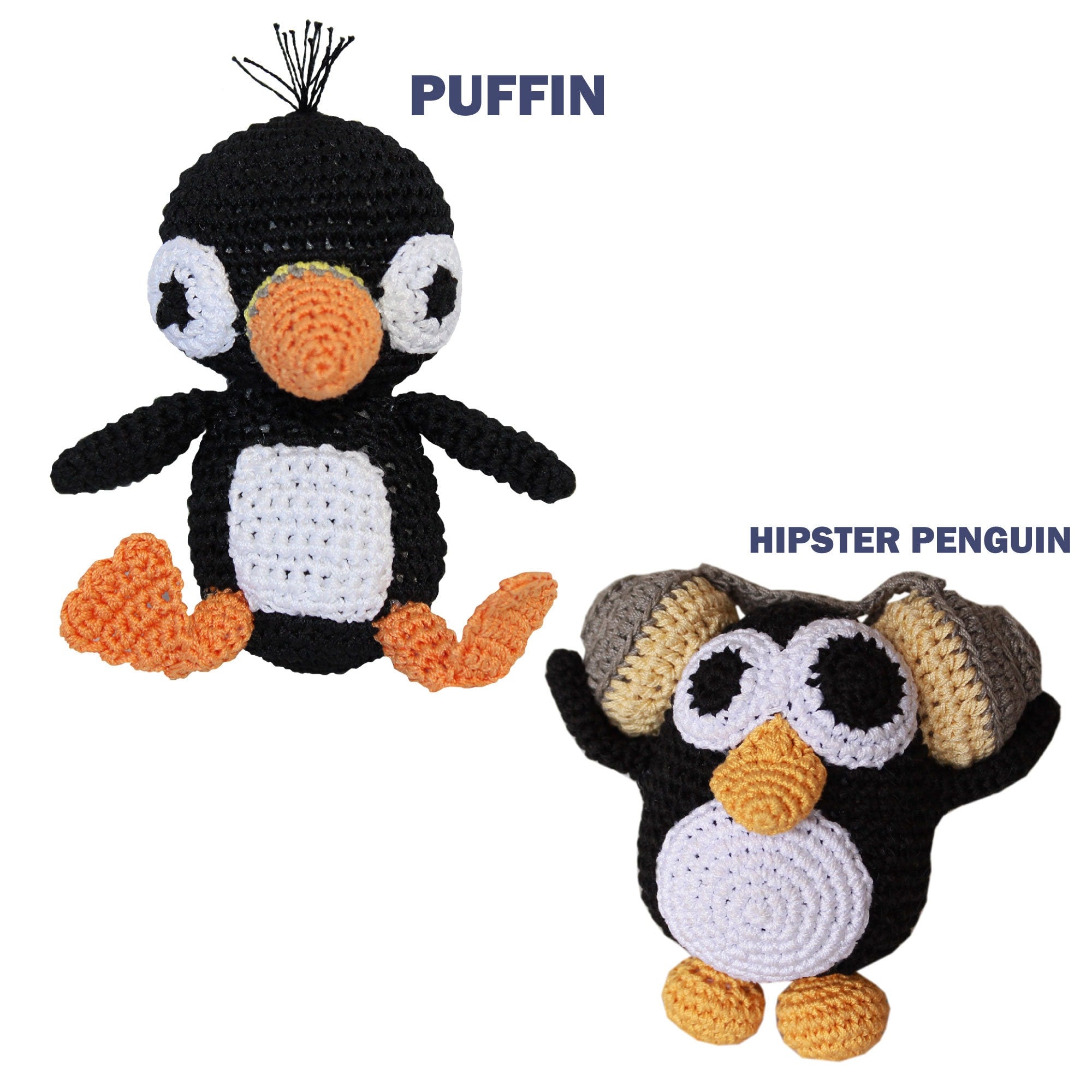 Knit Knacks Organic Cotton Pet Toy in Puffin and Hipster Penguin designs, perfect for small to medium dogs, showcasing their soft texture and vibrant colors.
