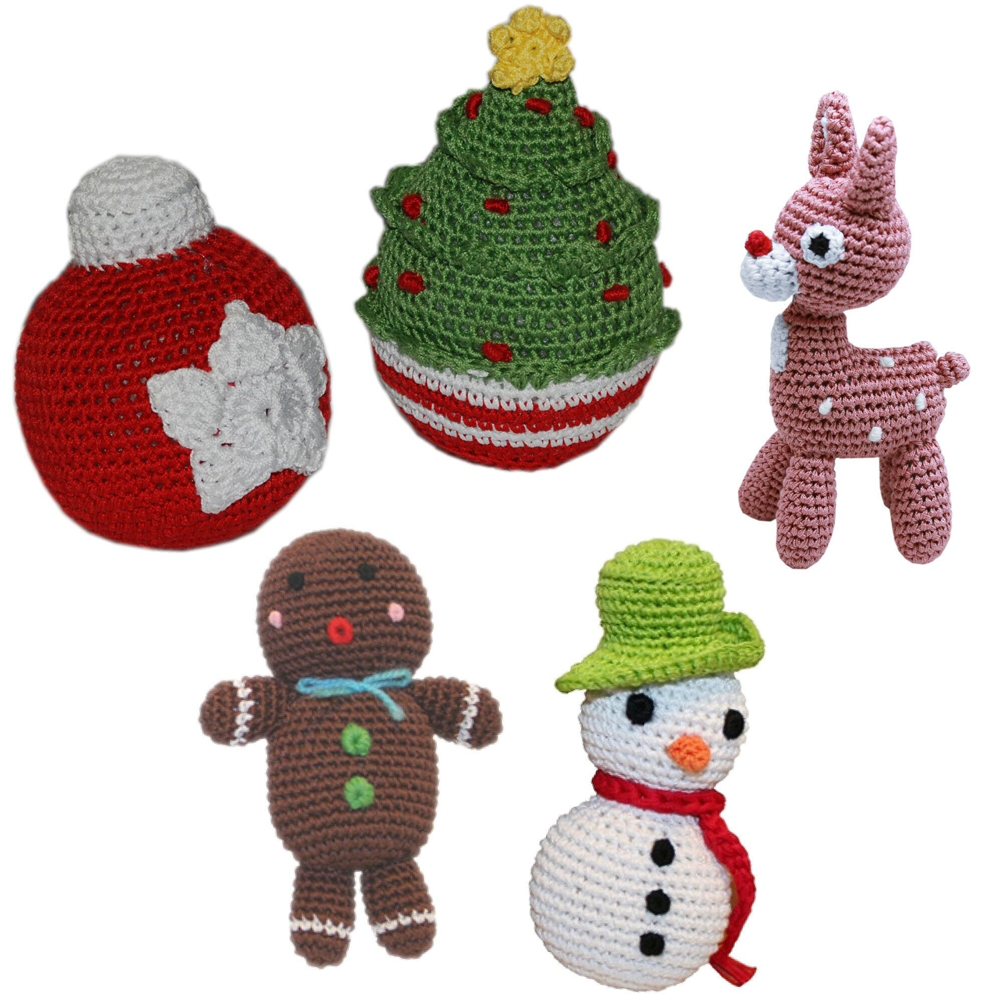 A collection of Knit Knacks Organic Cotton Pet & Dog Toys featuring festive designs like Rudy Reindeer, Christmas Tree, Snowman, and Gingerbread Man, perfect for small to medium dogs.