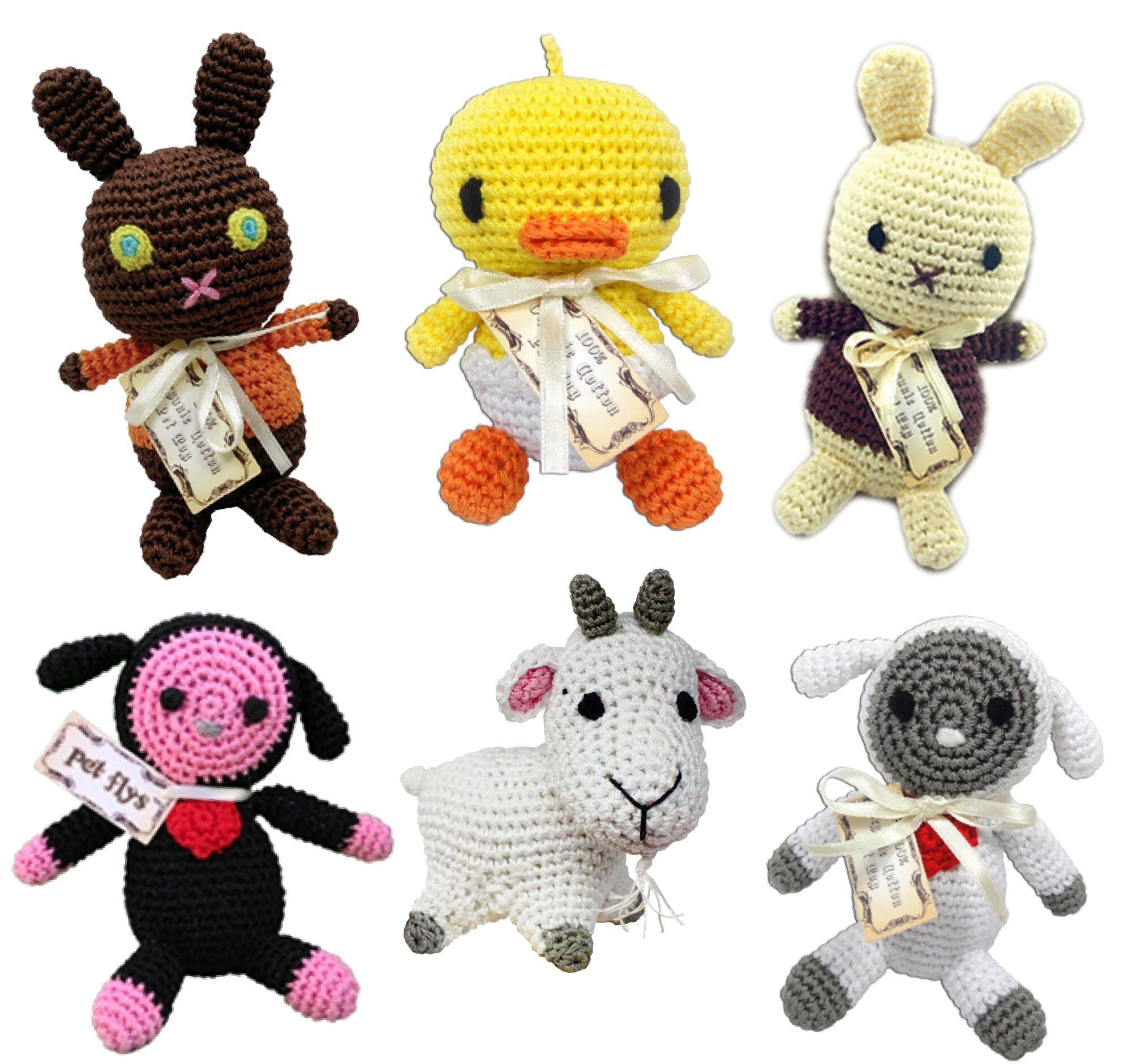 Knit Knacks Organic Cotton Pet & Dog Toys featuring Easter designs including bunnies, duck, lambs, and goat, perfect for small to medium dogs.
