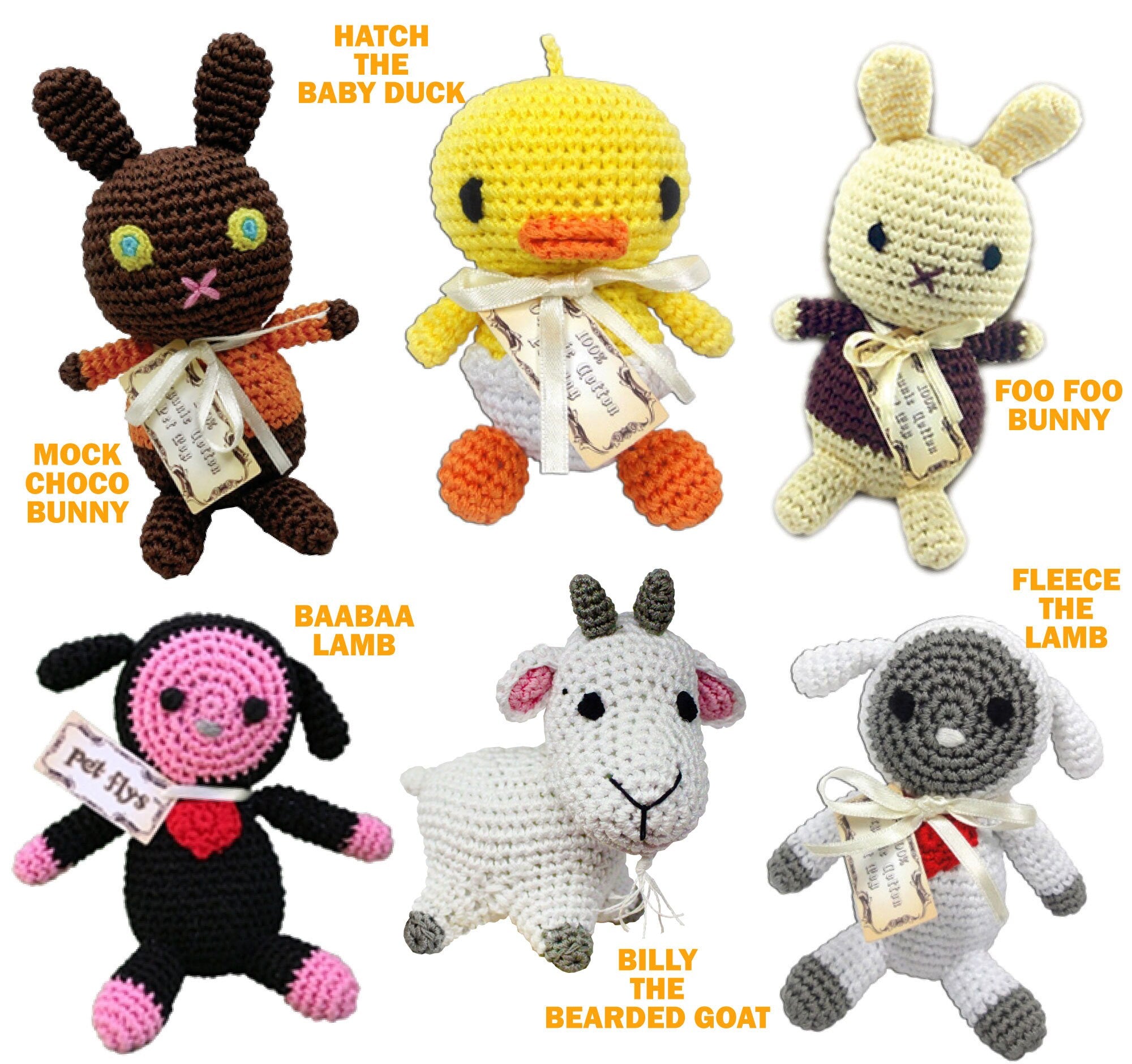 Knit Knacks Organic Cotton Pet & Dog Toys featuring Easter designs including bunnies, duck, lambs, and goat, perfect for small to medium dogs.