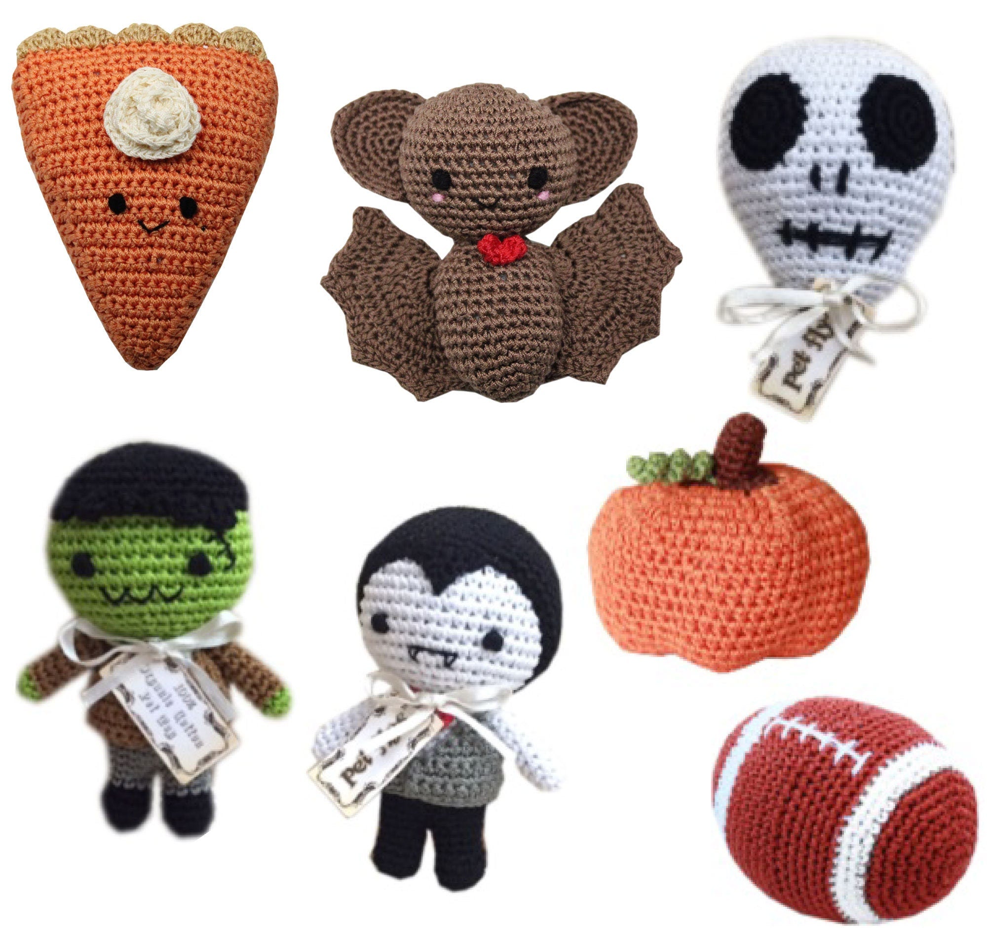 Knit Knacks Organic Cotton Pet & Dog Toys in various fall designs including Football, Dracula, Bat Damon, and Pumpkin.