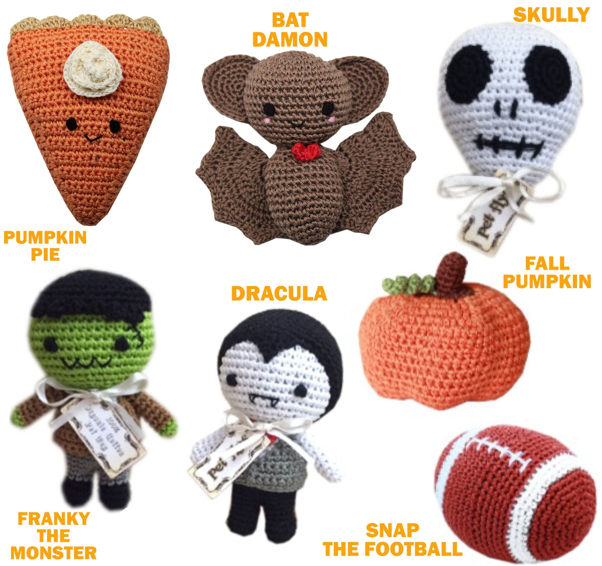 Knit Knacks Organic Cotton Pet & Dog Toys in various fall designs including Football, Dracula, Bat Damon, and Pumpkin.