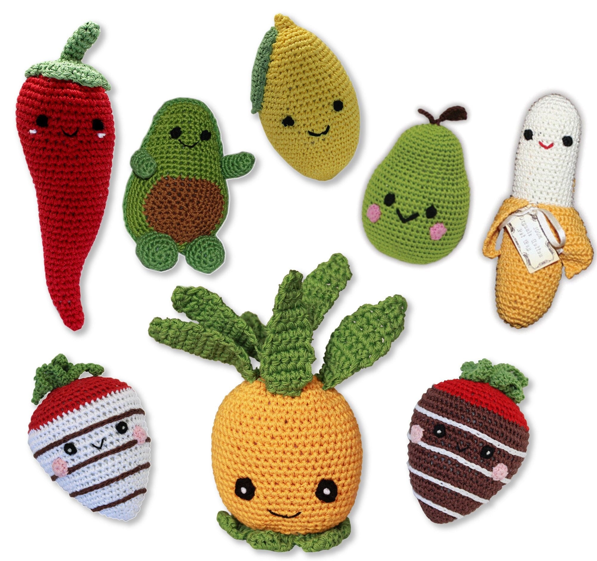 Knit Knacks Organic Cotton Pet & Dog Toys in various fruit shapes including strawberries, pears, and bananas, designed for small dogs.