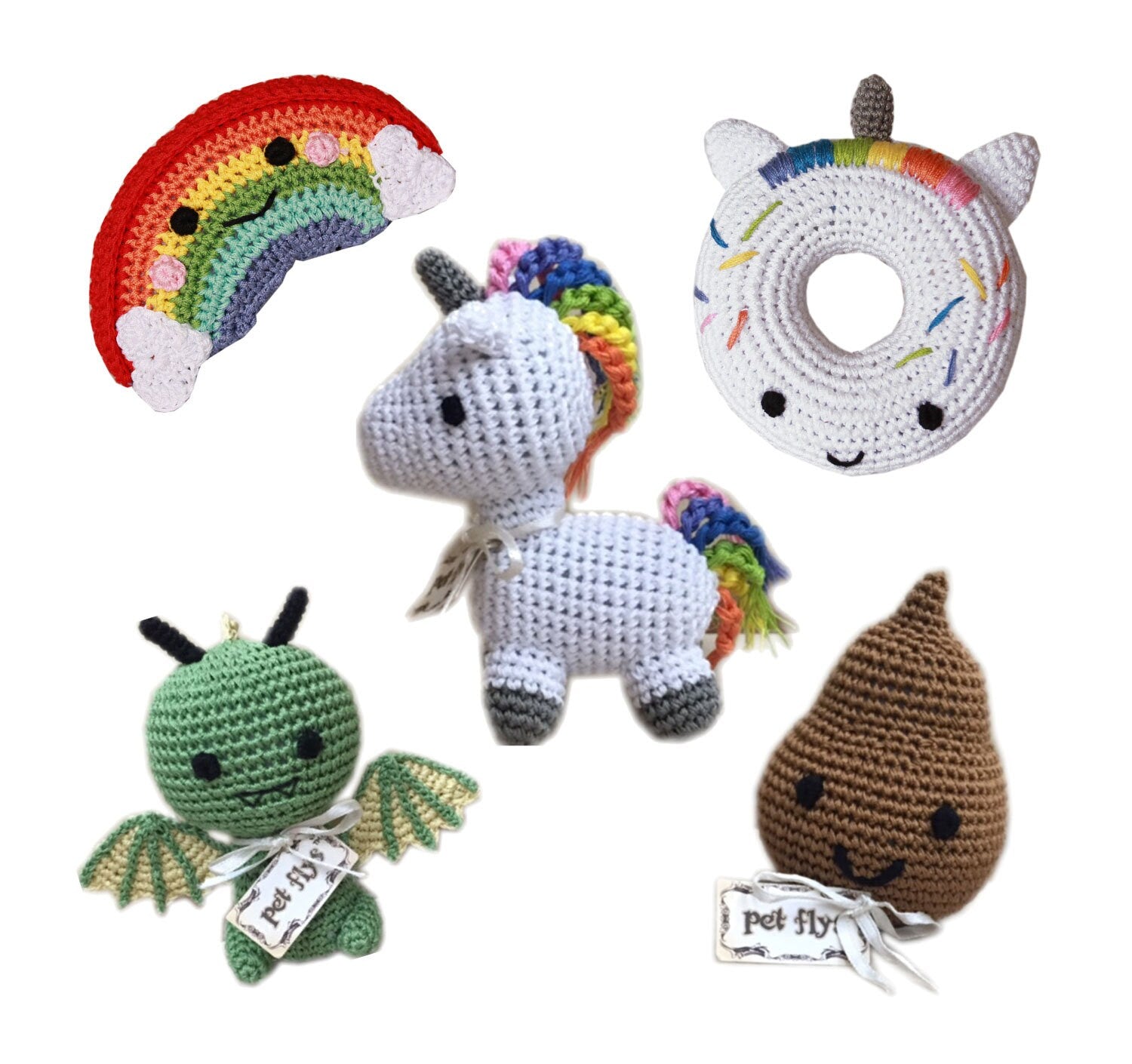 Knit Knacks Organic Cotton Pet & Dog Toys featuring Unicorn, Poo, Donut, Rainbow, and Dragon designs, perfect for small-medium dogs.