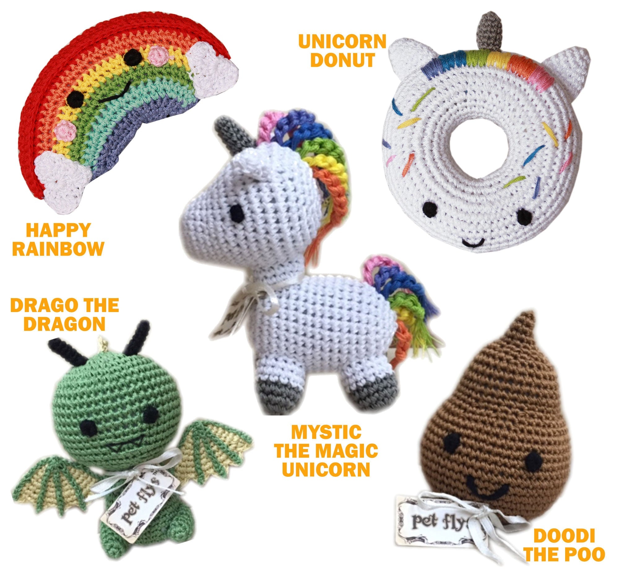 Knit Knacks Organic Cotton Pet & Dog Toys featuring Unicorn, Poo, Donut, Rainbow, and Dragon designs, perfect for small-medium dogs.