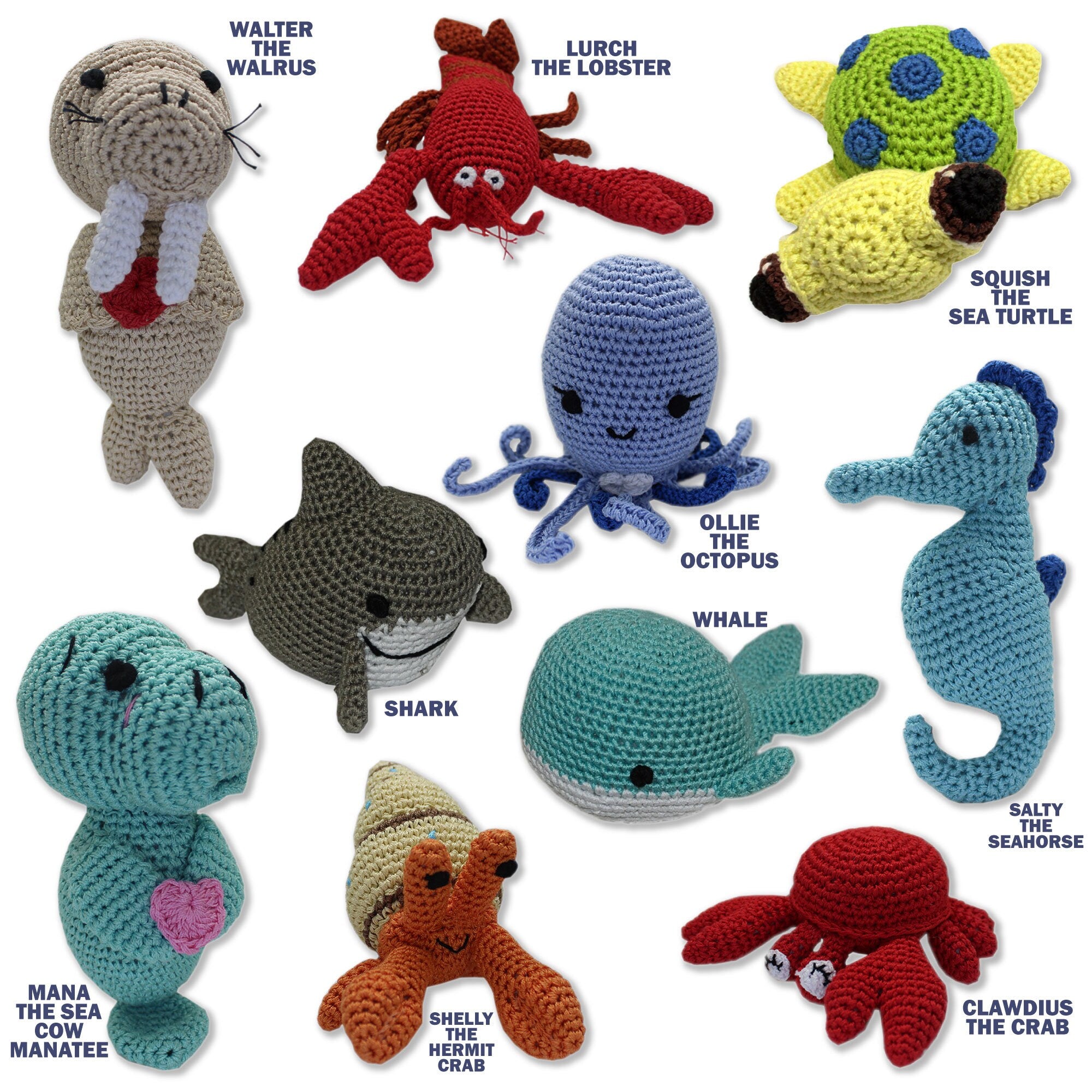 Knit Knacks Organic Cotton Pet & Dog Toys featuring colorful ocean-themed designs for small dogs.